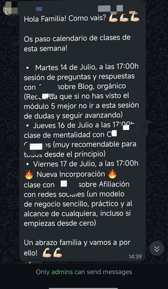 Grupo de WhatsApp de soporte de Partner 360 con el calendario semanal de mentorías y clases de blog, mentalidad y afiliación